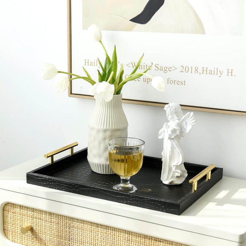 MACVAD Set of 2 Modern Elegant Large Wood Serving Tray, Rectangle Decorative Tray Ottoman Tay Coffee Table Tray, Black Crocodile Leather with Gold Polished Metal Handles - Image 4